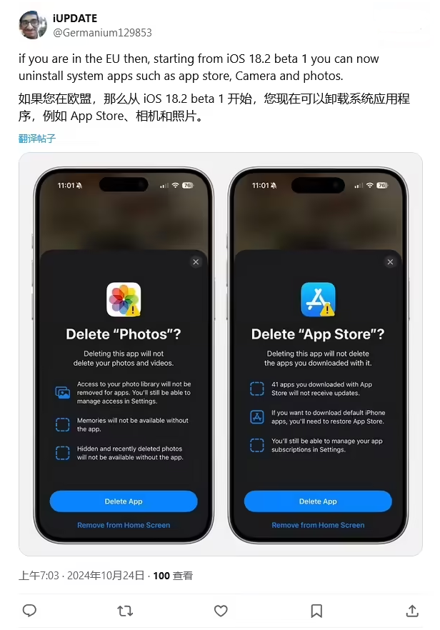 清溪镇苹果手机维修分享iOS 18.2 支持删除 App Store 应用商店 