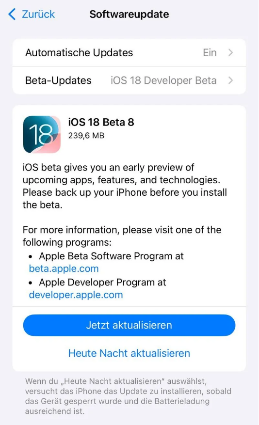 清溪镇苹果手机维修分享苹果 iOS / iPadOS 18 开发者预览版 Beta 8 发布 